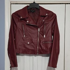 Love Tree Burgundy Faux Leather Cropped Bomber Jacket *** Flaw